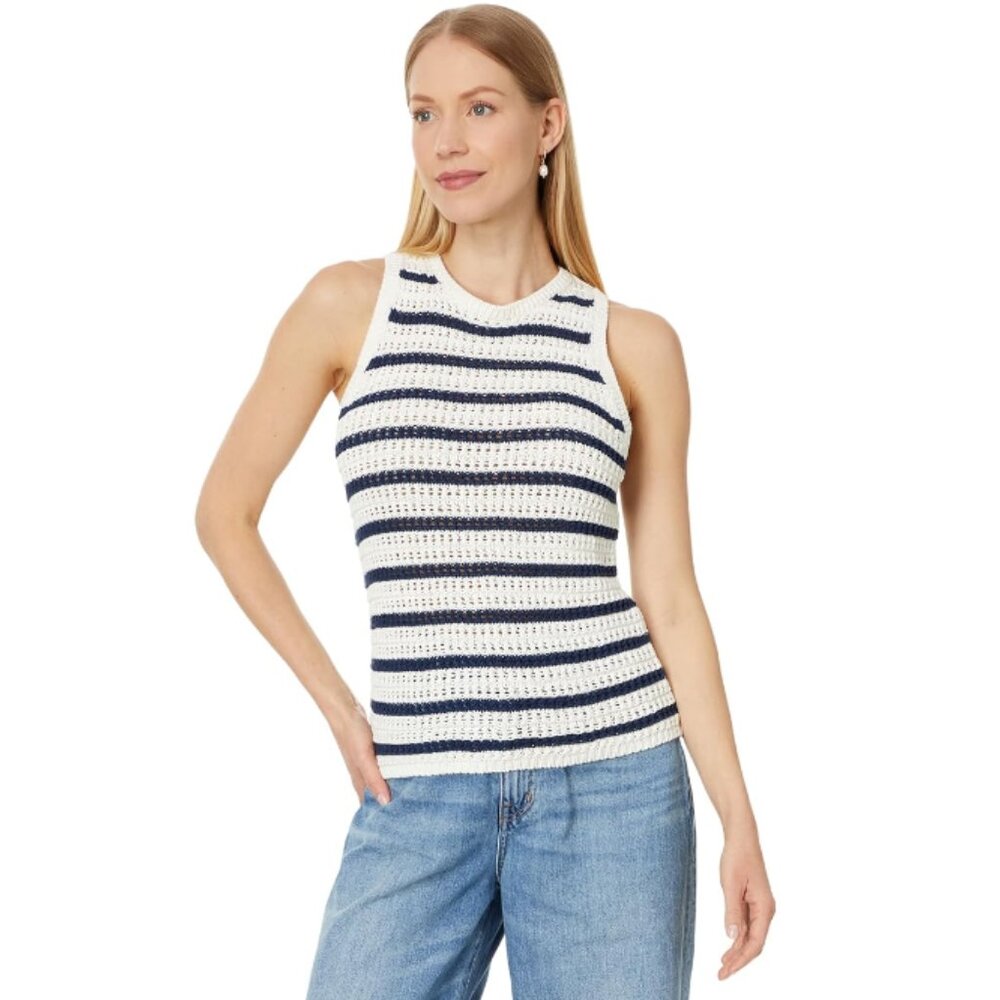 Madewell Crochet-Knit Crewneck Sweater Tank Ivory/Navy Blue XXS NWT